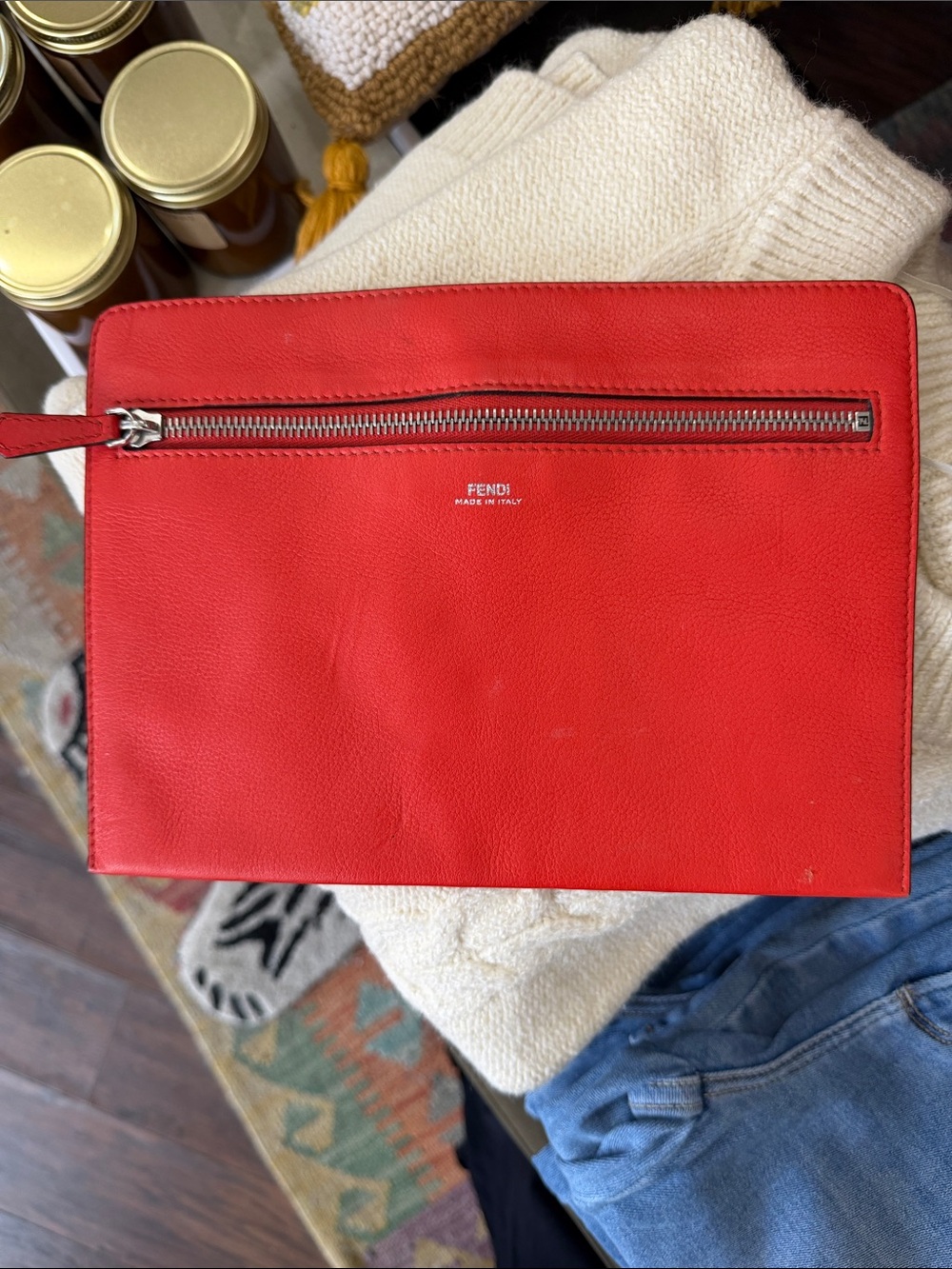 FENDI PEBBLED LEATHER ZIPPERED POUCH TRAVEL CLUTCH